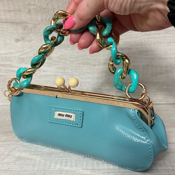 Miu Miu Parfums Collection Tiffany Blue Clutch Gold Kiss-lock Patent Finish - Picture 3 of 5